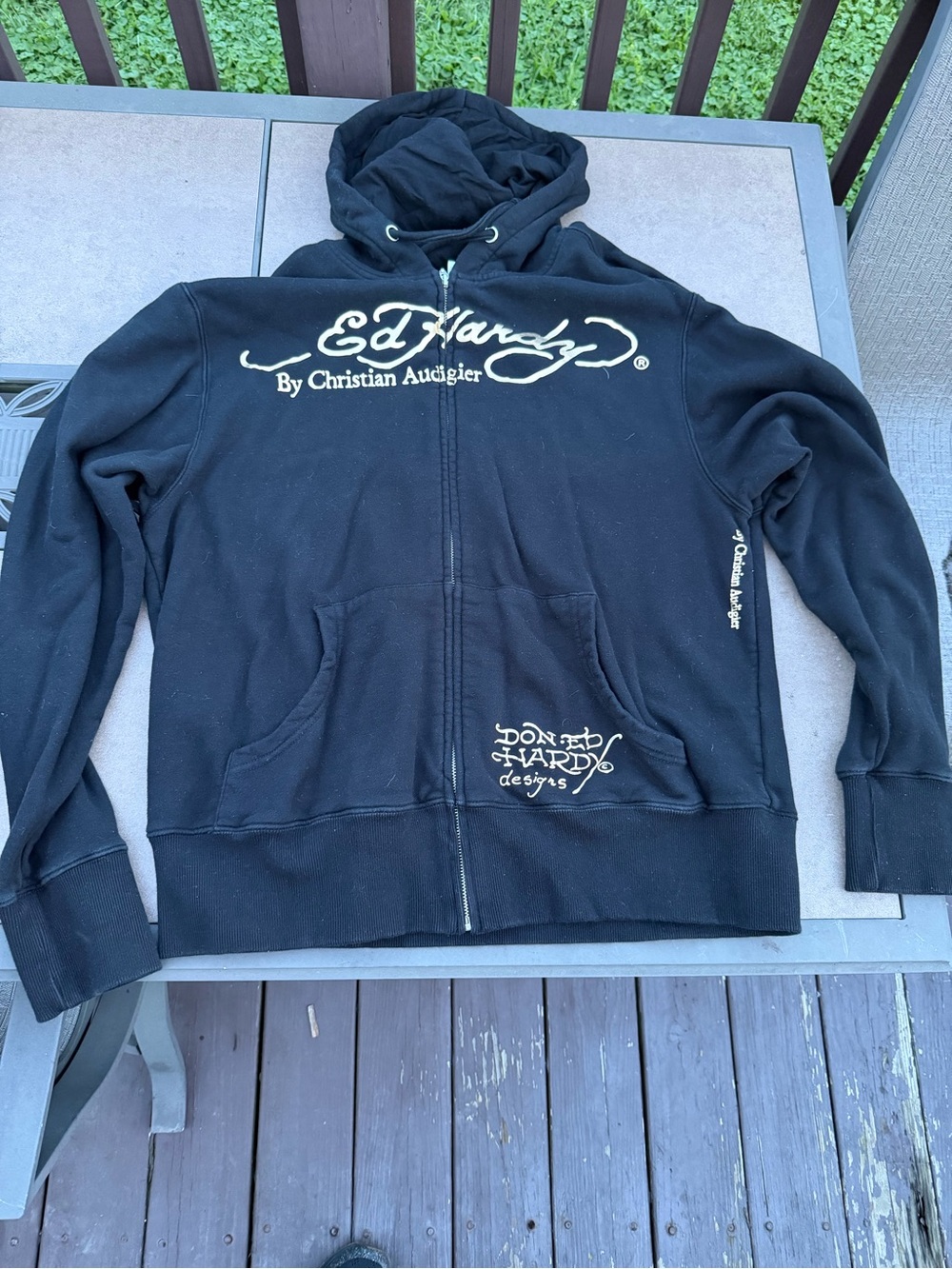 Ed Hardy Black Zip-Up Hoodie with Cream Logo